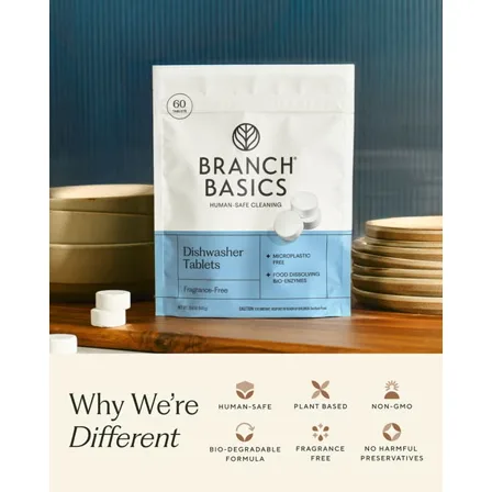 A Branch Basics image ad: a pack of dishwasher tablets on a kitchen counter above six labelled icons
