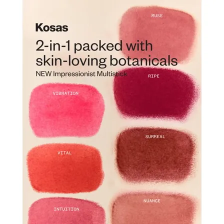 A Kosas image ad: seven multistick colour swatches on cream, each labelled with its shade name