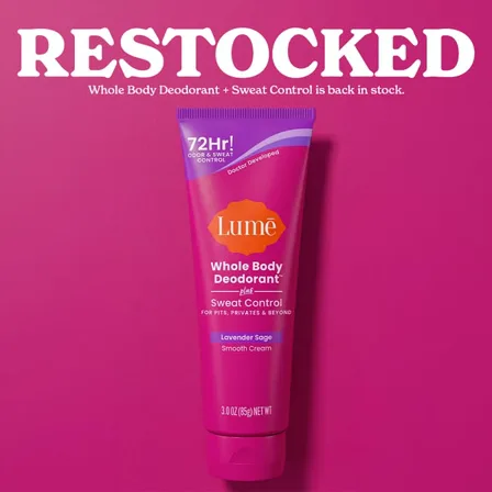 A Lume image ad: the word restocked in white on hot pink above a whole body deodorant tube