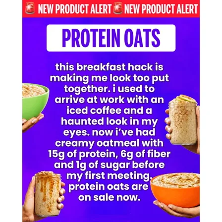 A Magic Spoon image ad: a block of white first-person text on purple, surrounded by hands holding jars of oats