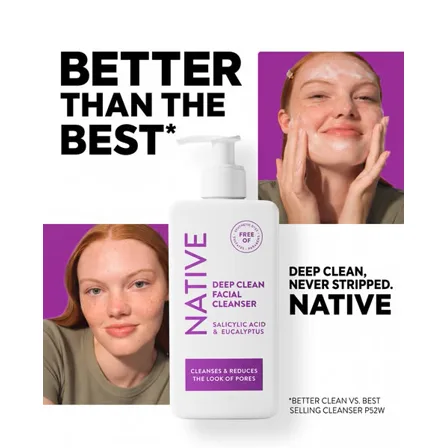 A Native image ad: the words better than the best beside a facial cleanser bottle and two faces mid-wash