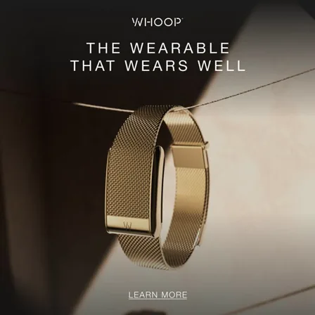 A WHOOP image ad: a gold mesh band photographed on a wire against a warm dark background