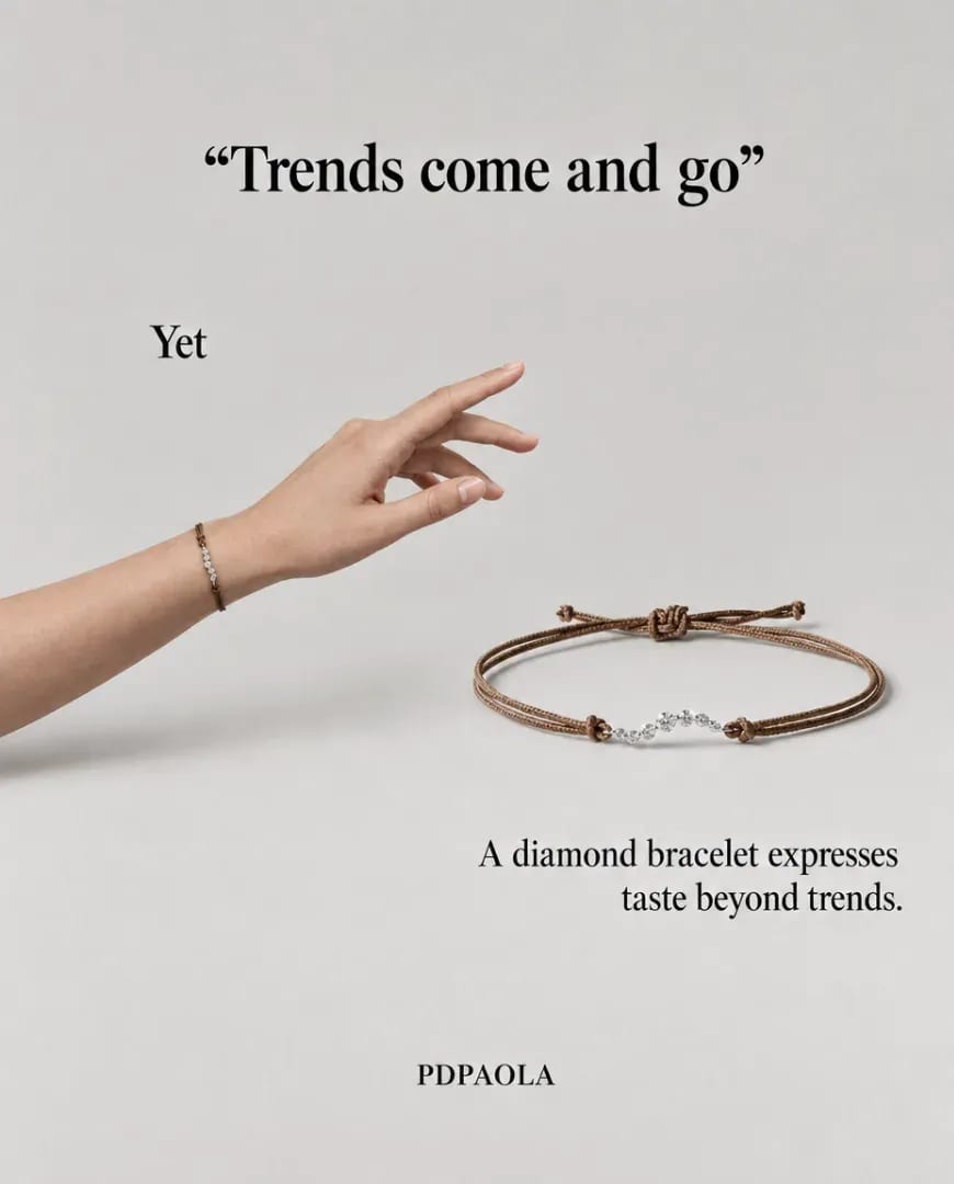 A Selzee-made ad for PDPAOLA: a hand reaching toward a diamond bracelet under the quote Trends come and go, the timeless-taste angle