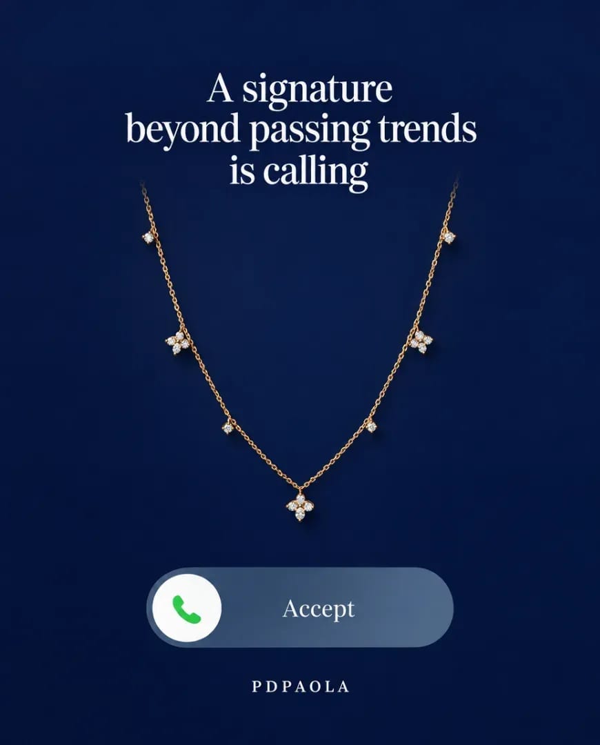 A Selzee-made ad for PDPAOLA: a diamond necklace on navy above an incoming-call Accept button, a native format that reads like a phone screen