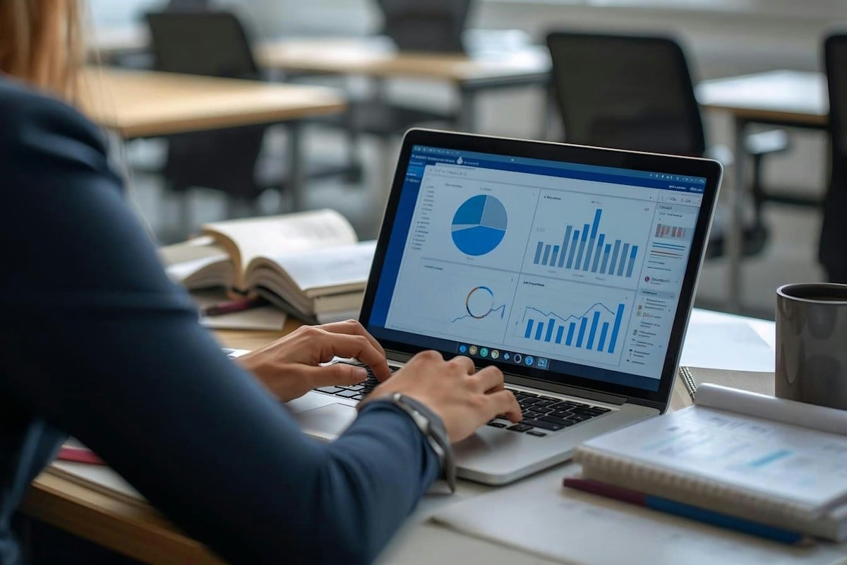 A person at a laptop with bar and pie charts on screen: click-through rate and conversion rate decide which copy is good