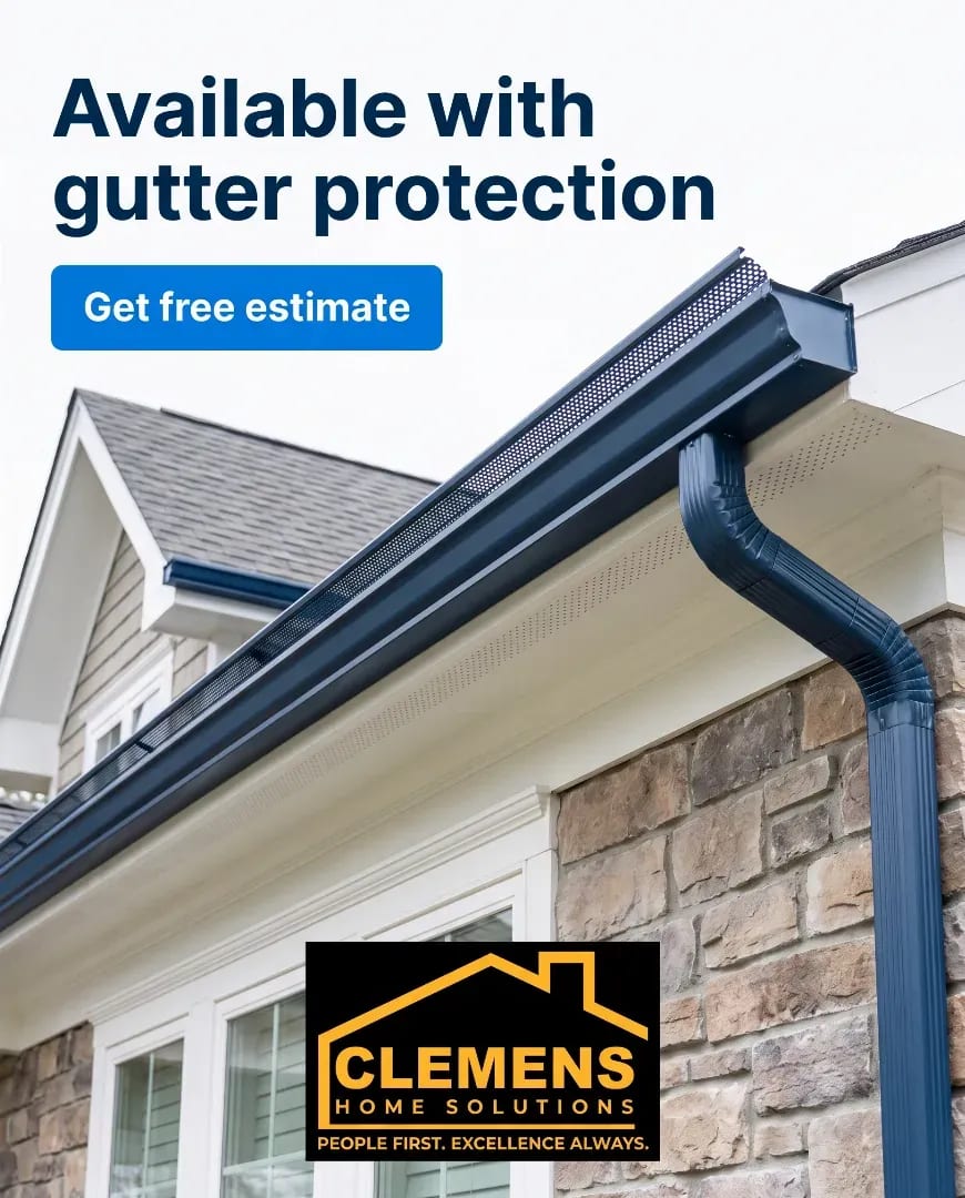 A Selzee-made ad for Clemens Home Solutions: a house gutter, the line Available with gutter protection and a Get free estimate button, a local service post that suits Facebook