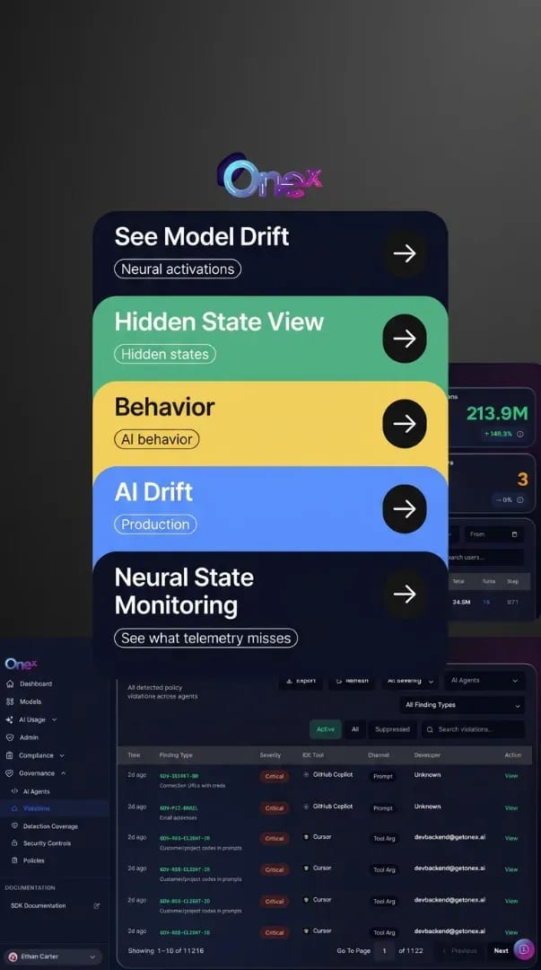 A Selzee-made ad for OneX: five stacked cards, from See Model Drift to Neural State Monitoring, over a view of the product's dashboard