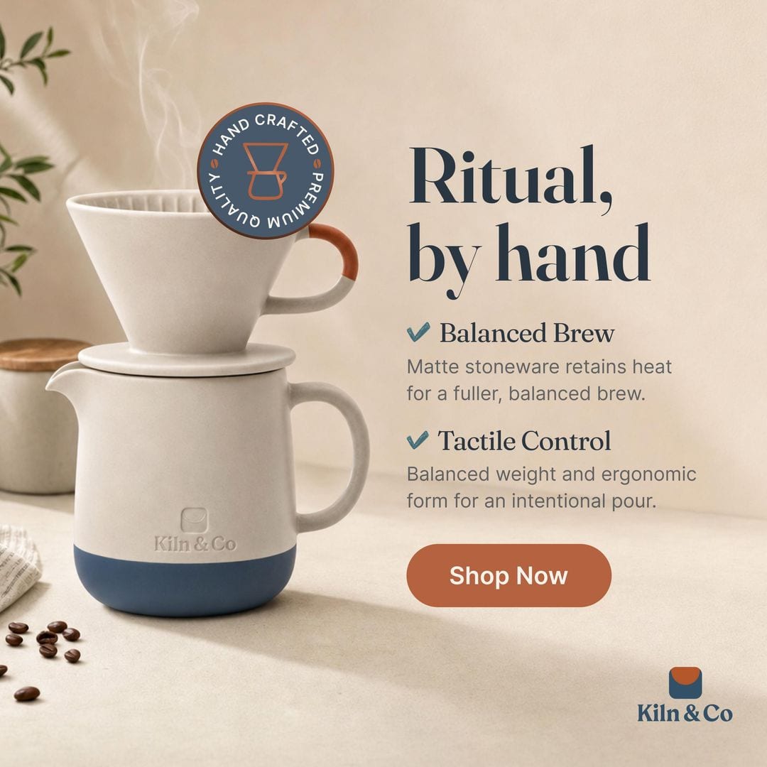 A Kiln & Co pour-over post titled Ritual, by hand, with two ticked details about the stoneware: a process post that shows how the product works