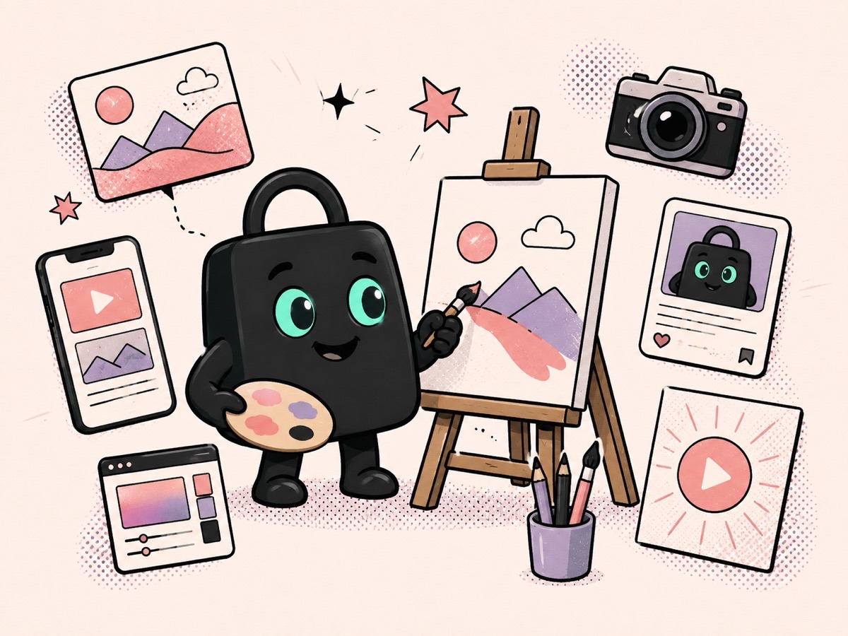 Selzee mascot painting a new ad on an easel, surrounded by finished ad formats