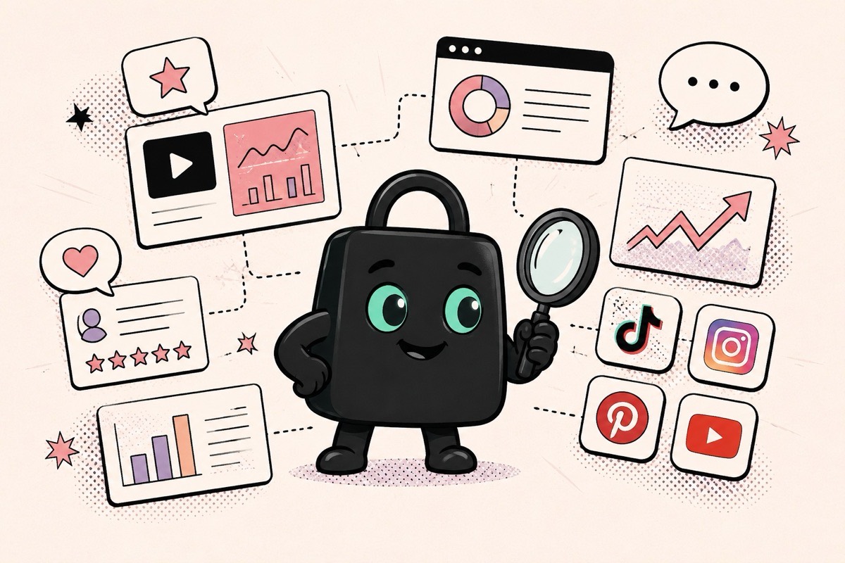 Selzee mascot with a magnifying glass reading ads across social platforms