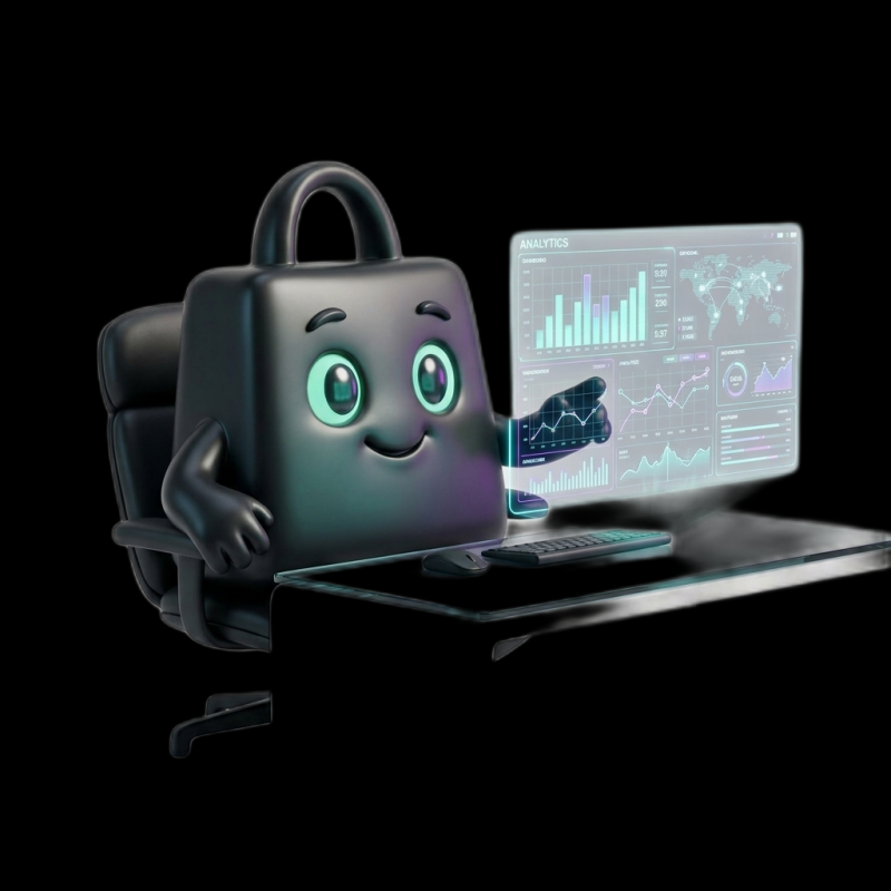 Selzy, the Selzee mascot, at a desk reading an analytics dashboard