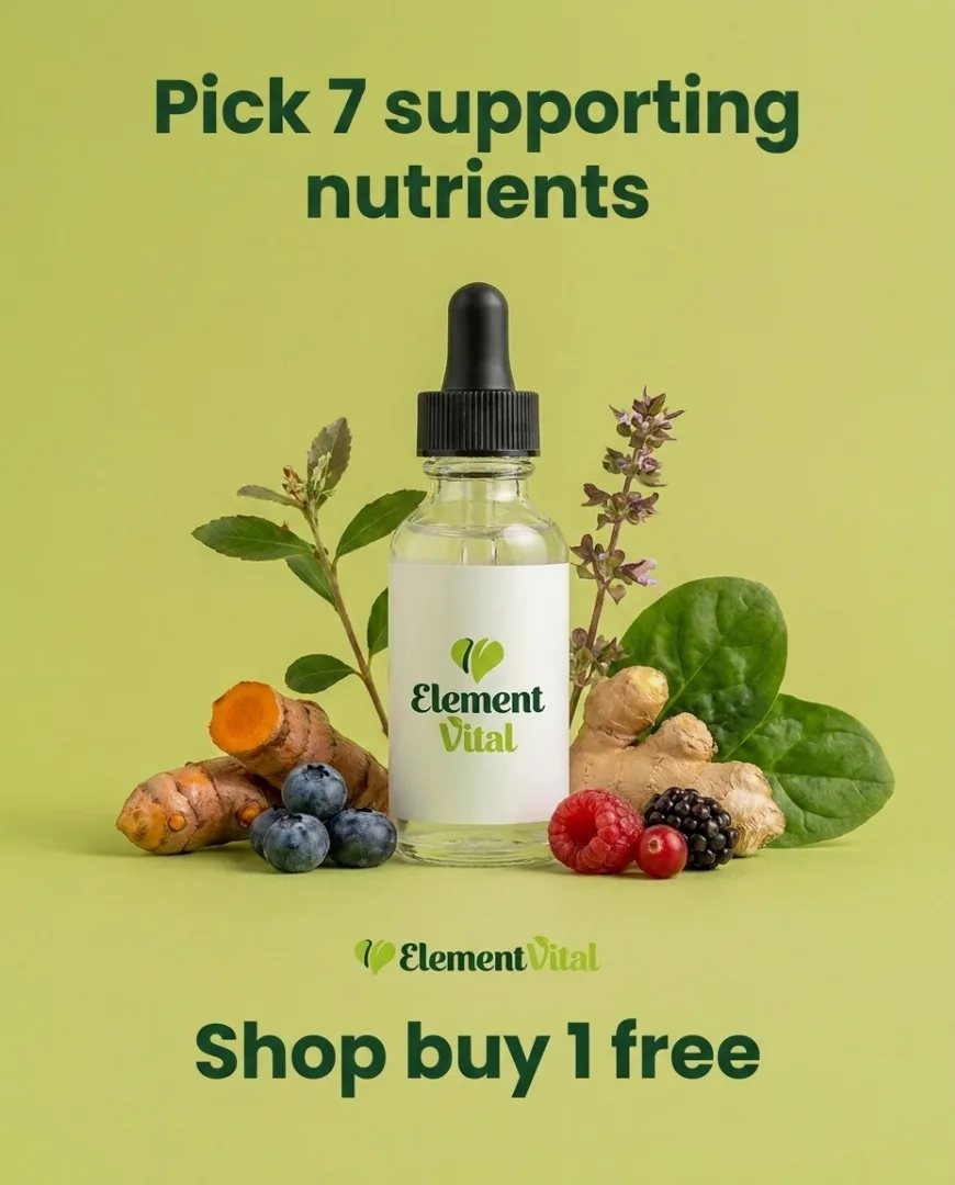 Element Vital static ad made by Selzee with the headline "Pick 7 supporting nutrients" above a dropper bottle and fresh ingredients