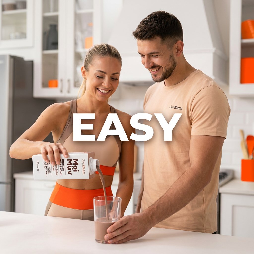 GymBeam static ad made by Selzee with the single word "Easy" over a protein shake being poured in a kitchen