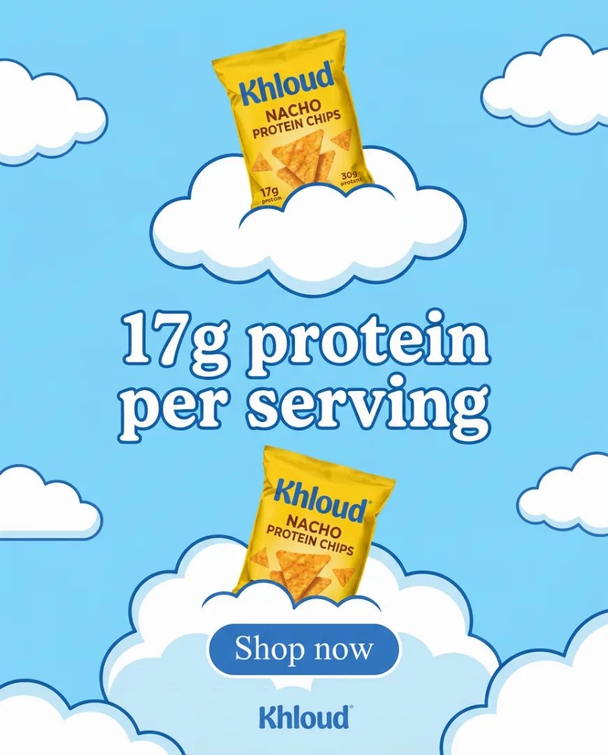 Khloud static ad made by Selzee with the headline "17g protein per serving" and two packs of nacho protein chips on clouds
