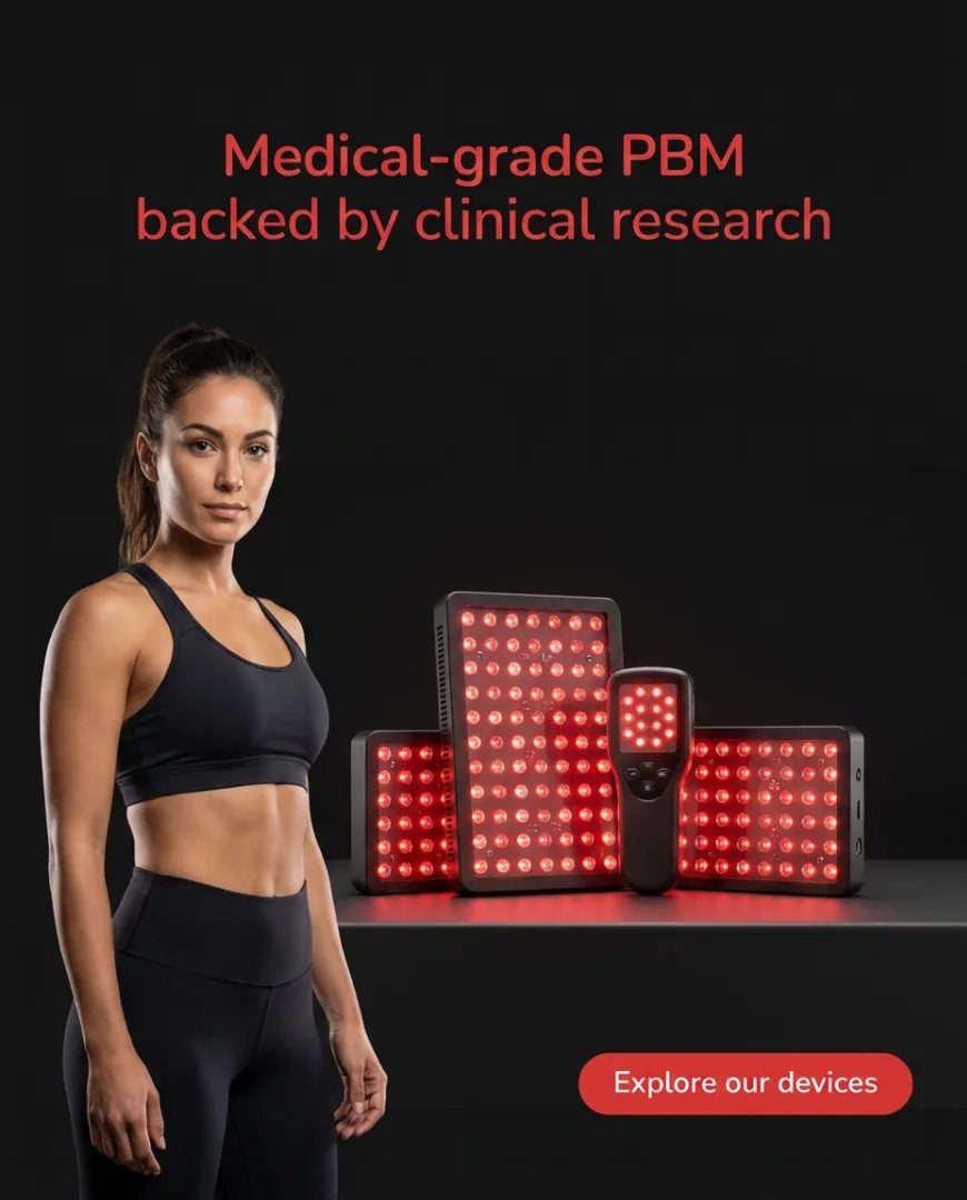 SunPowerLED static ad made by Selzee with a clinical research claim above three red light therapy devices