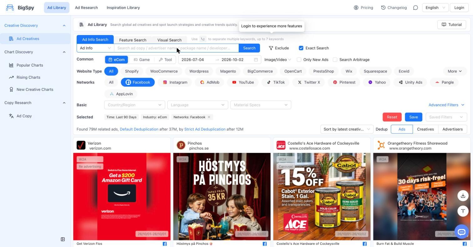 BigSpy Ad Library search screen with filters and a login prompt