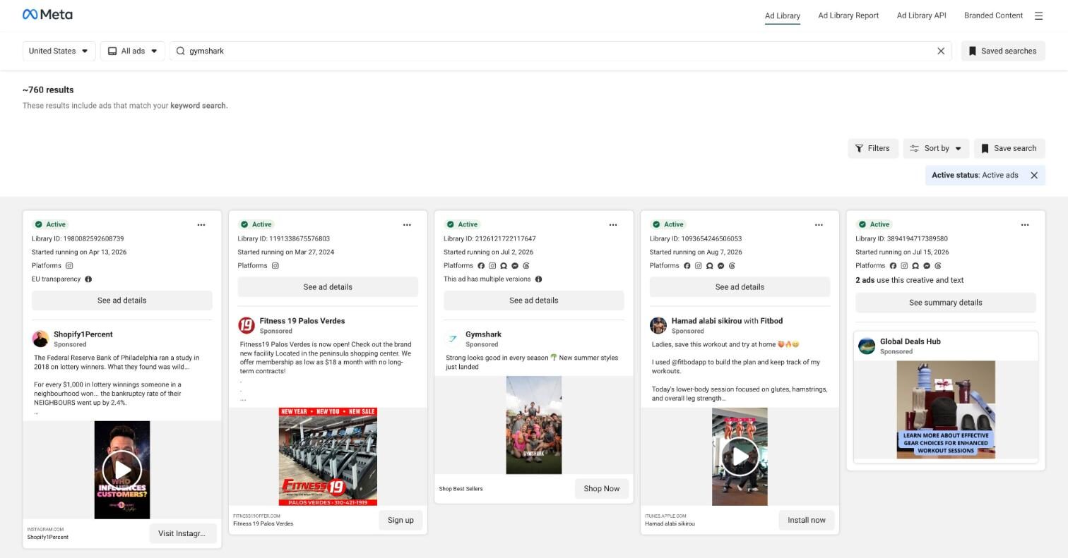 Meta Ad Library results for the keyword gymshark showing active ad cards from several advertisers