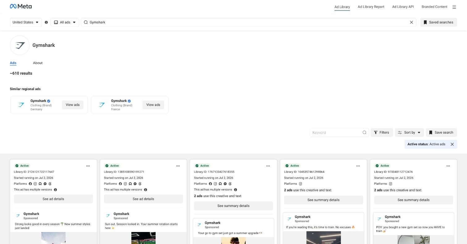 Meta Ad Library results for the Gymshark advertiser page with its active ads