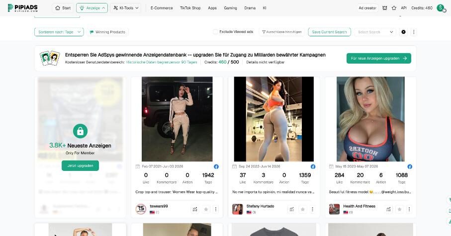 PiPiADS search results with an upgrade banner and a locked card for newest ads