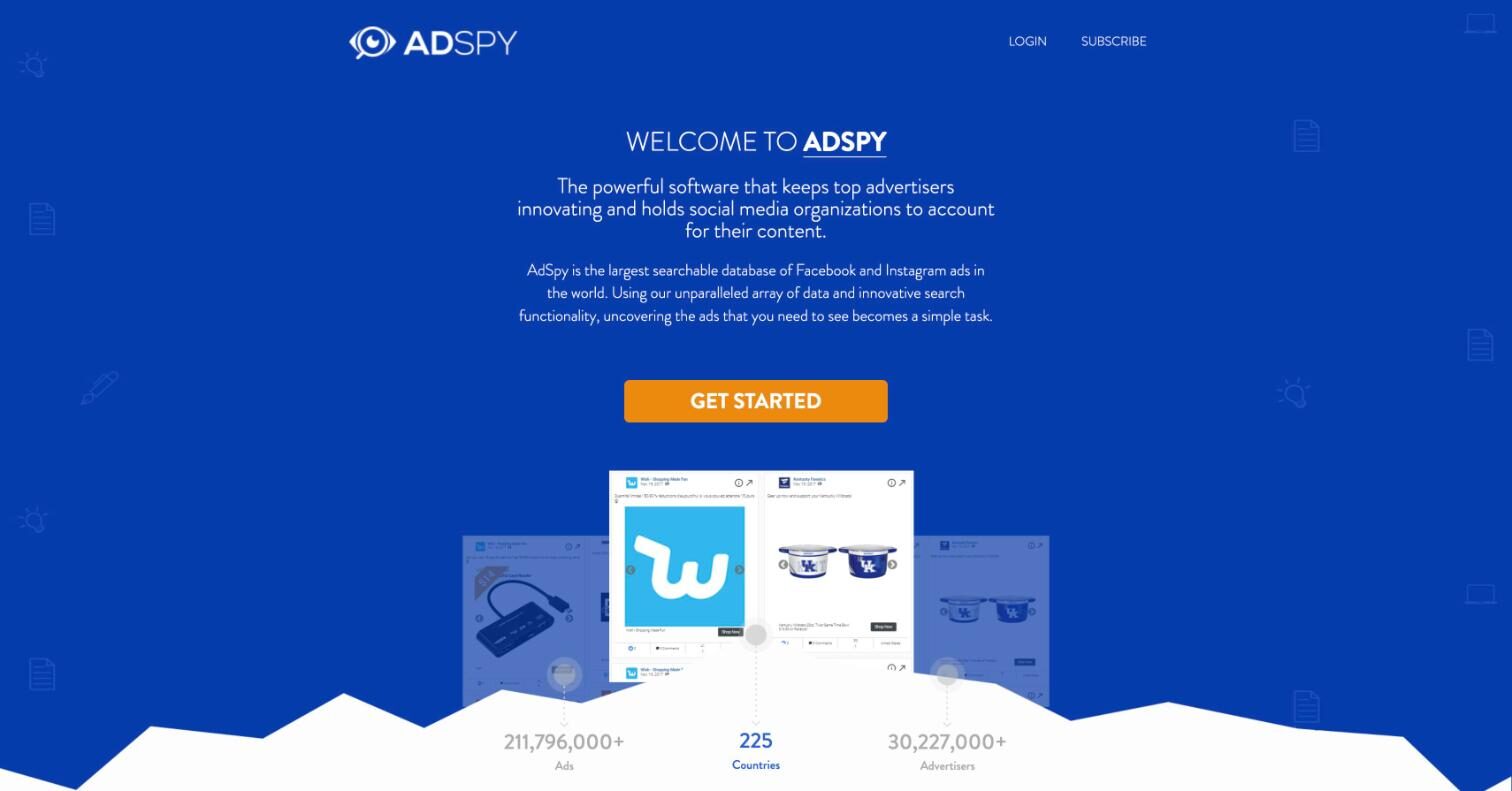 AdSpy homepage with the Get Started button and ad database counters