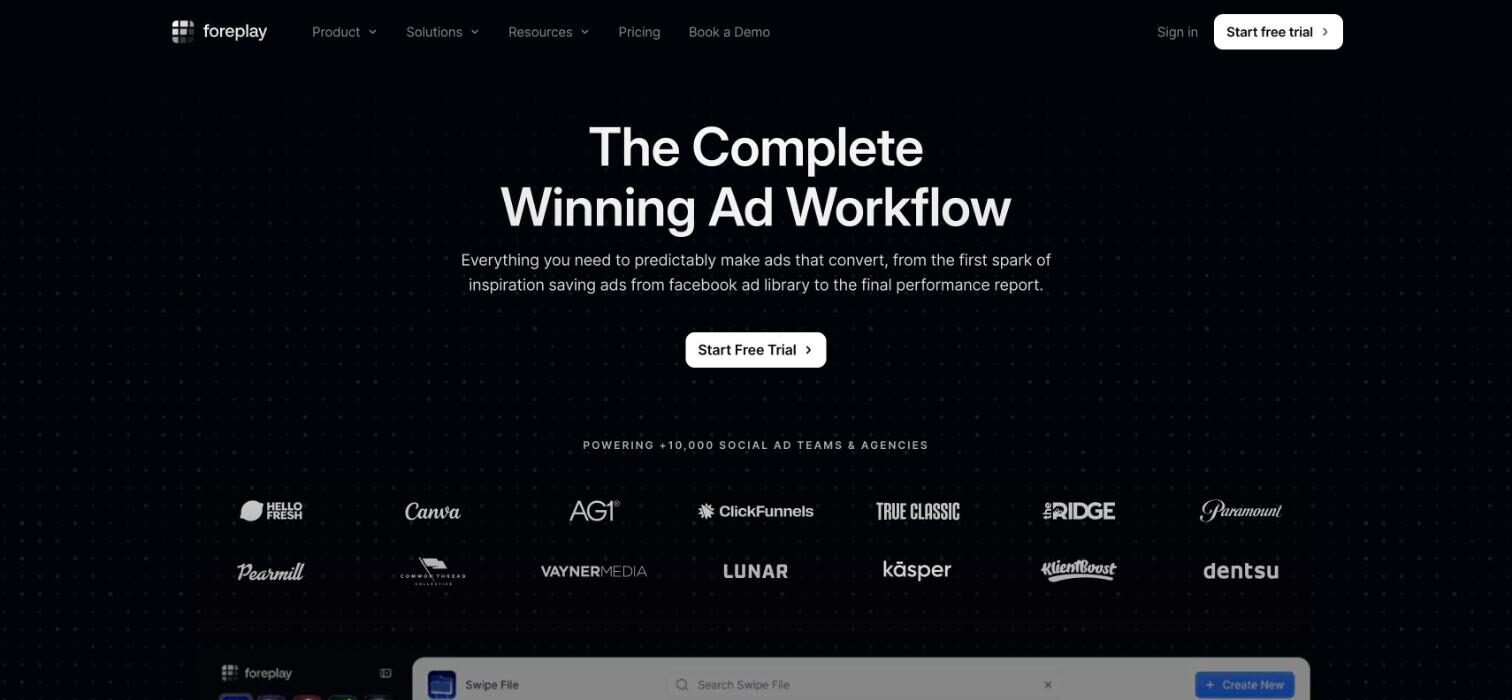 Foreplay homepage with the winning ad workflow headline and customer logos
