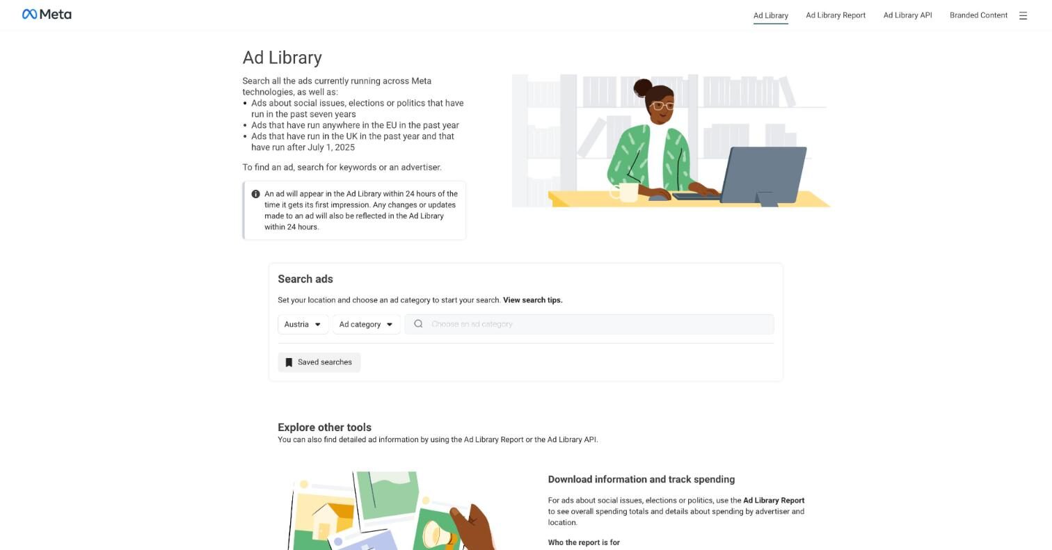 Meta Ad Library start page with the search ads form and location and ad category fields
