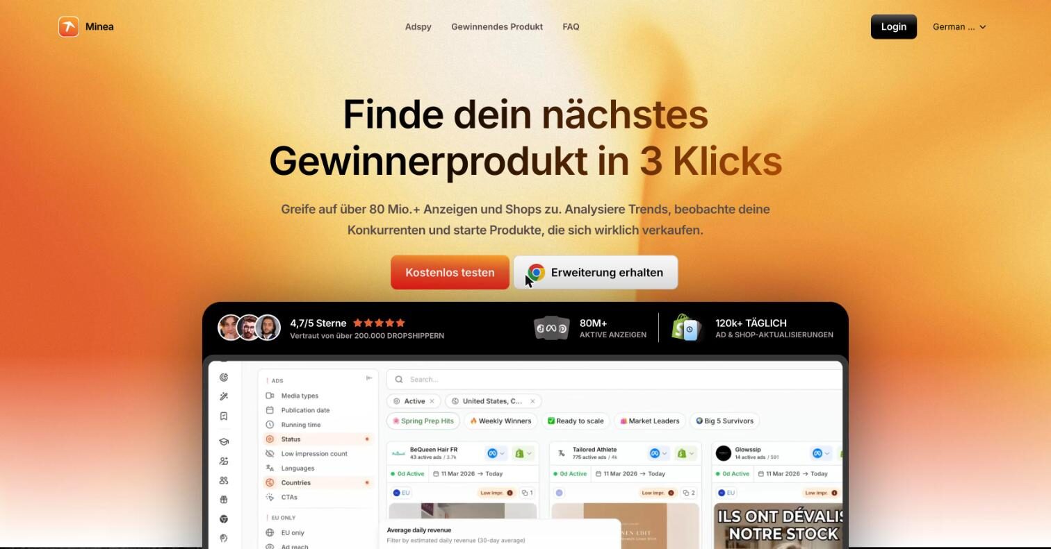 Minea homepage with the headline and a preview of its Browse ads screen