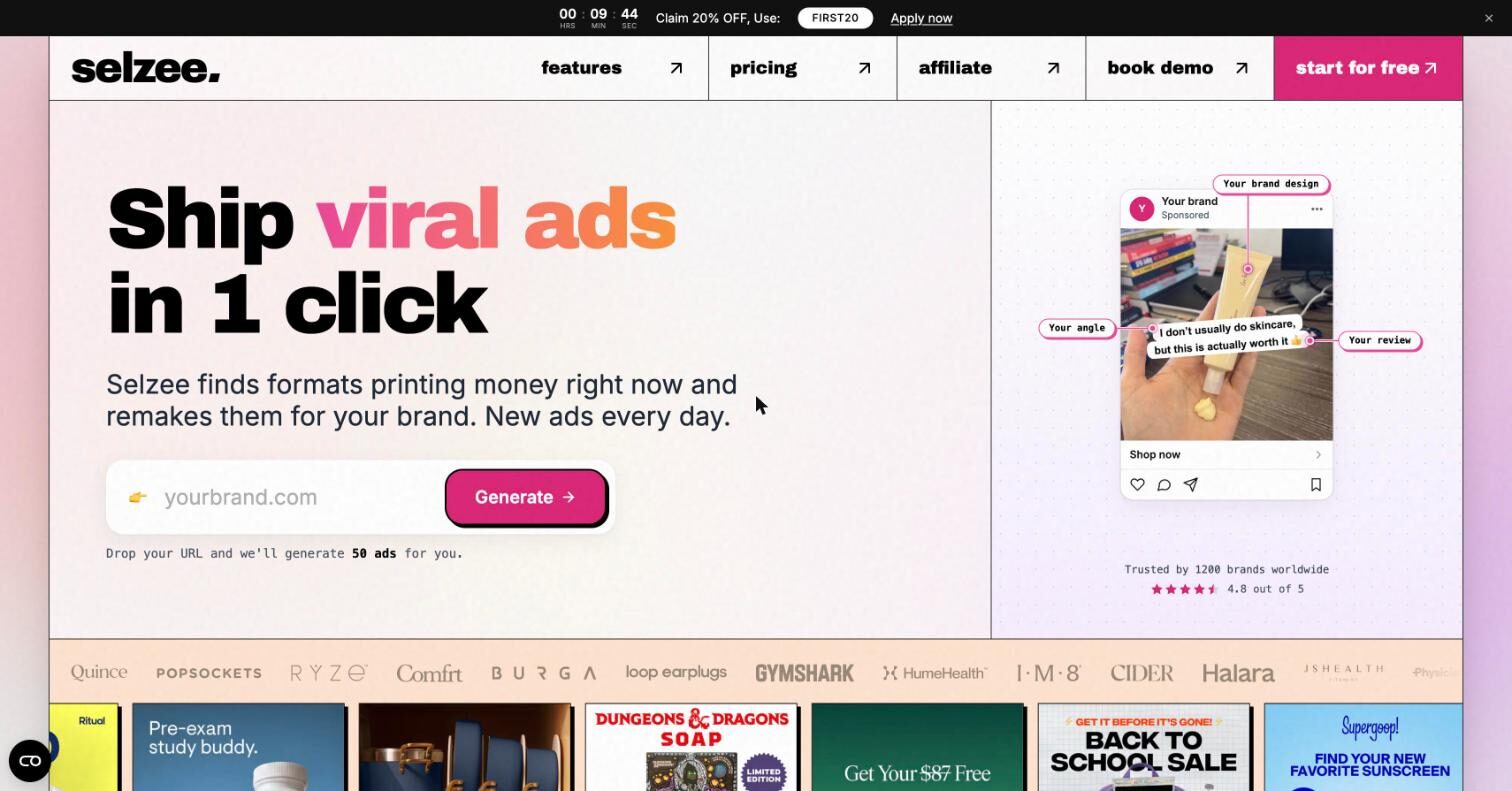 Selzee homepage with the headline and the brand URL input