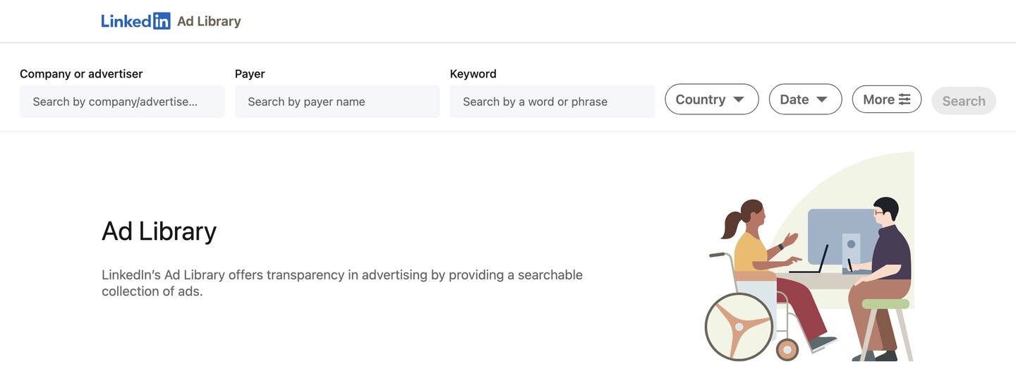 The LinkedIn Ad Library search page, with fields for company or advertiser, payer and keyword, and filters for country and date